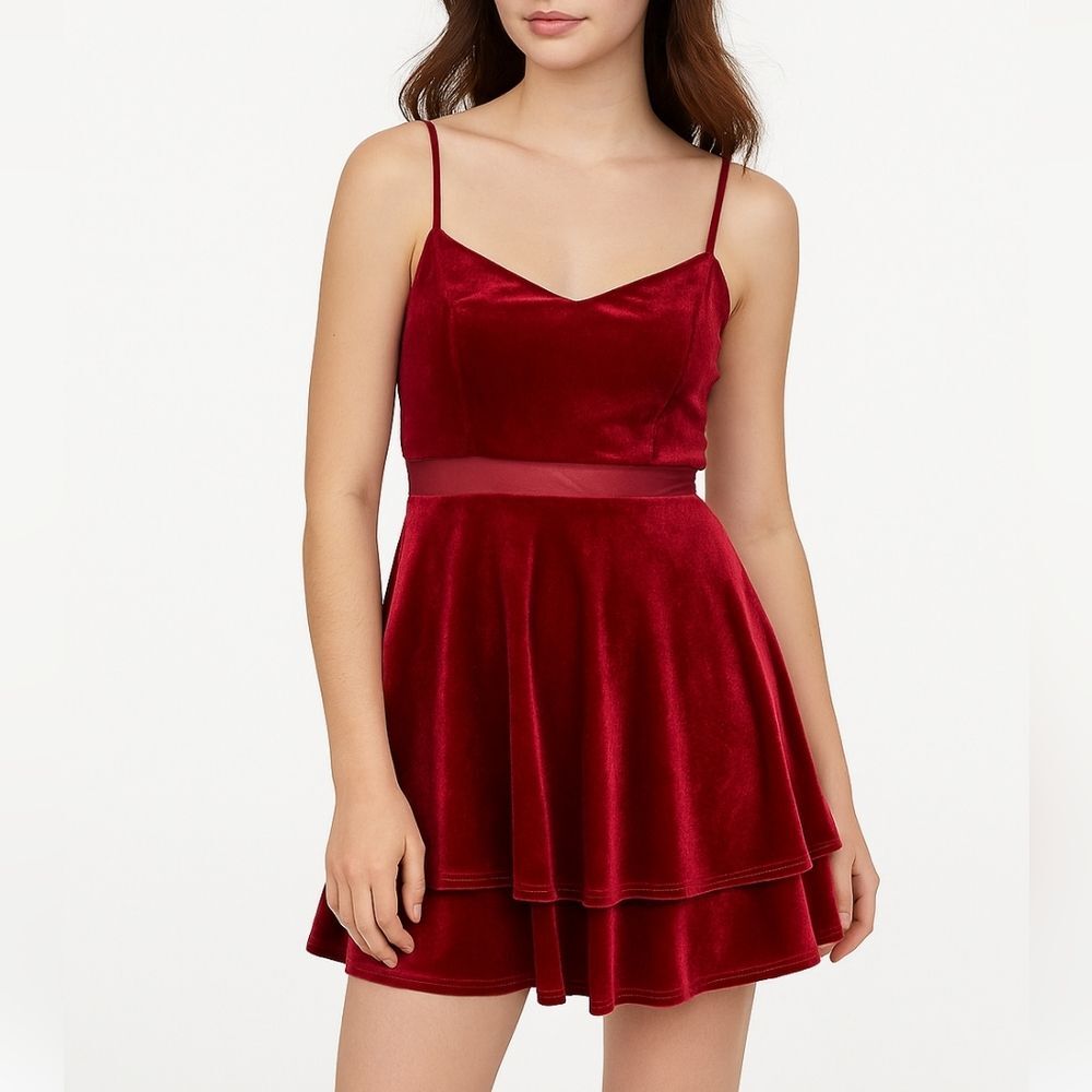 Red Velvet Mini Dress L Layered Hem Sheer Waistline Romantic Special Occassion
